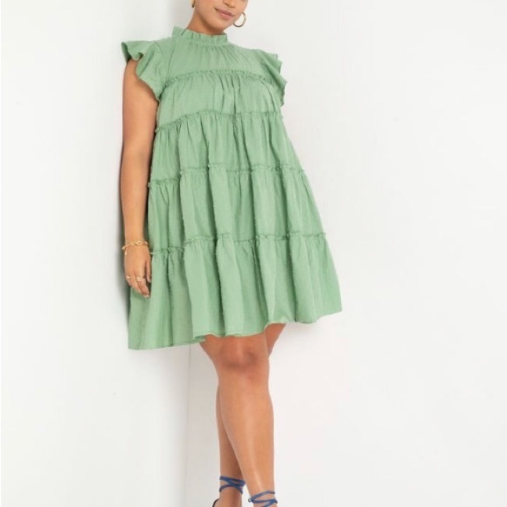 Eloquii Green Swiss Dot Ruffle Mini Dress